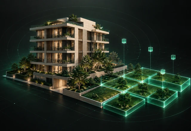 Ilustración editorial de un activo inmobiliario tokenizado